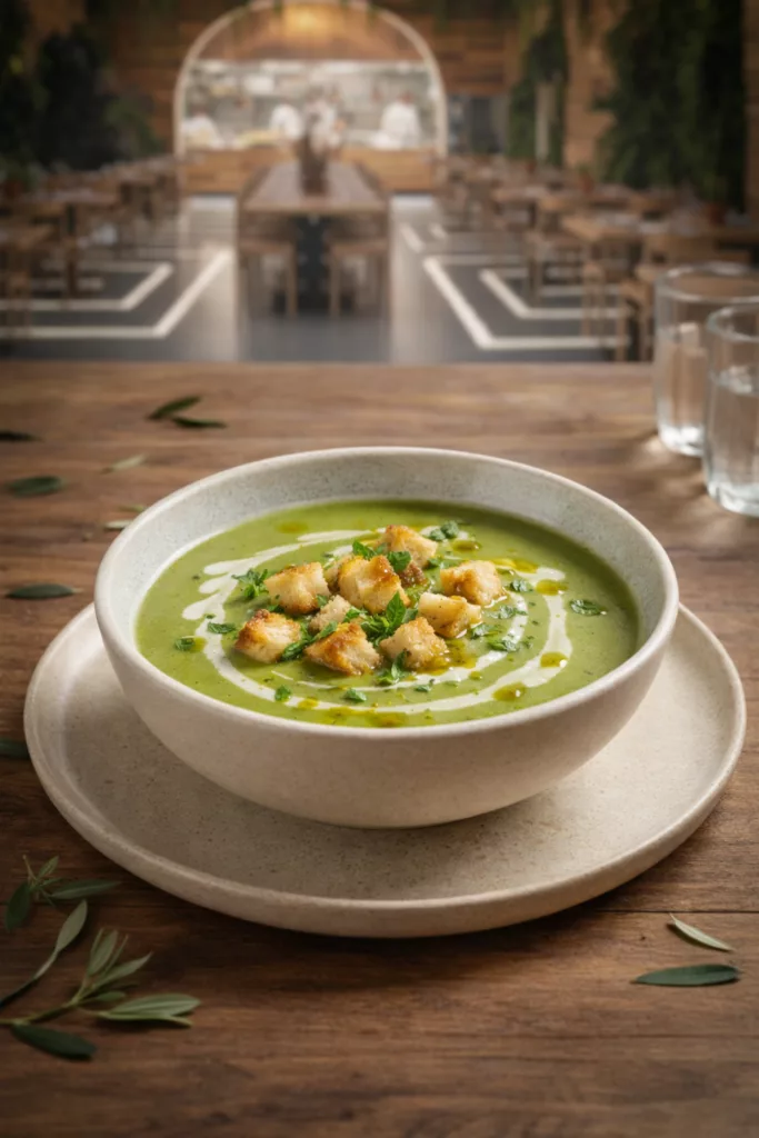 Velouté de petits pois onctueux, servi chaud dans une présentation épurée.