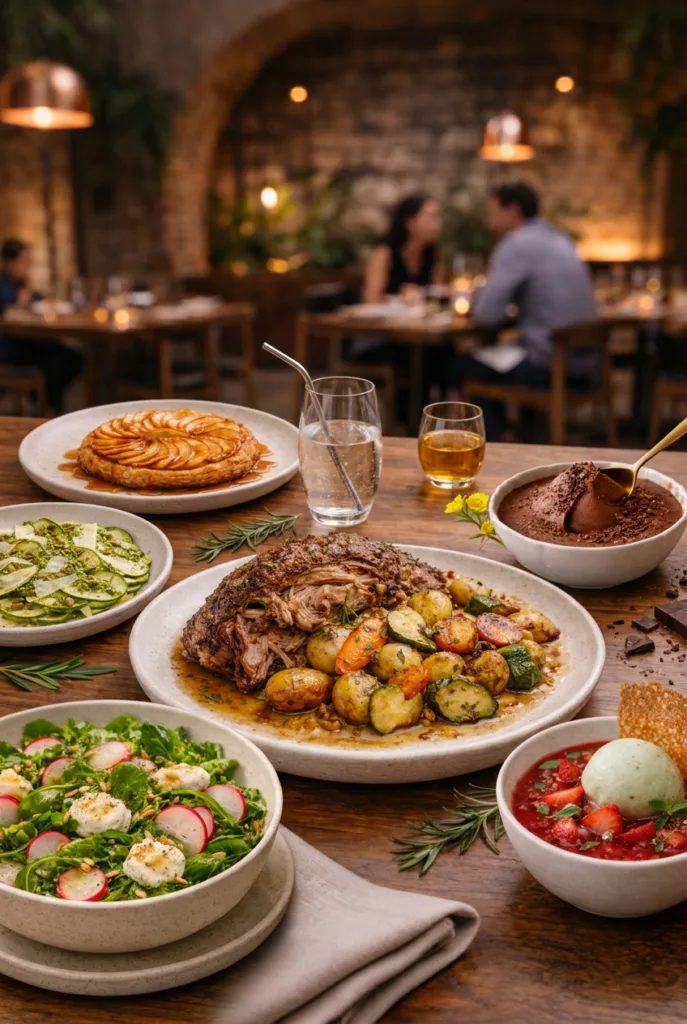 Plats du menu du restaurant La Cour à Paris, cuisine de saison et présentation soignée