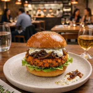 Burger végétal de La Cour avec galette de lentilles corail, pain brioché maison, oignons confits et sauce yaourt citronnée.