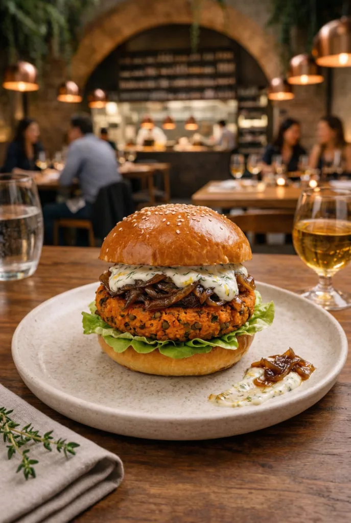 Burger végétal de La Cour avec galette de lentilles corail, pain brioché maison, oignons confits et sauce yaourt citronnée.
