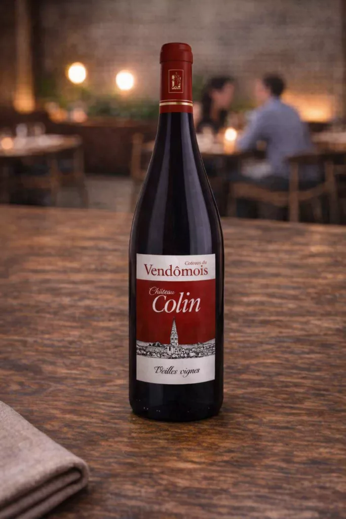 Bouteille de vin rouge Château Colin Coteaux du Vendômois Vieilles Vignes sur table en bois dans ambiance chaleureuse de restaurant