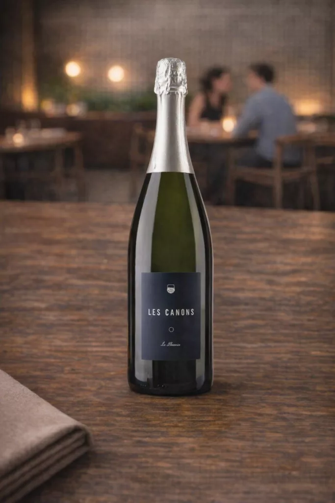 Bouteille de vin pétillant Les Canons sur table en bois dans ambiance chaleureuse de restaurant
