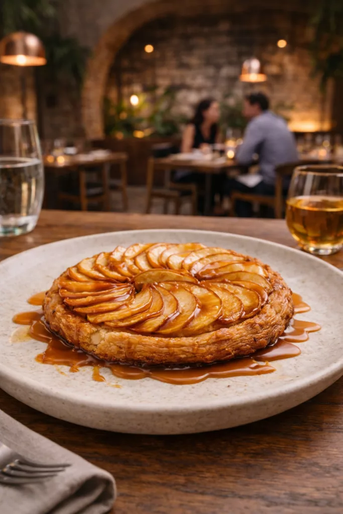 Tarte fine aux pommes dorées, nappée de caramel au beurre salé, présentée sur une pâte croustillante.