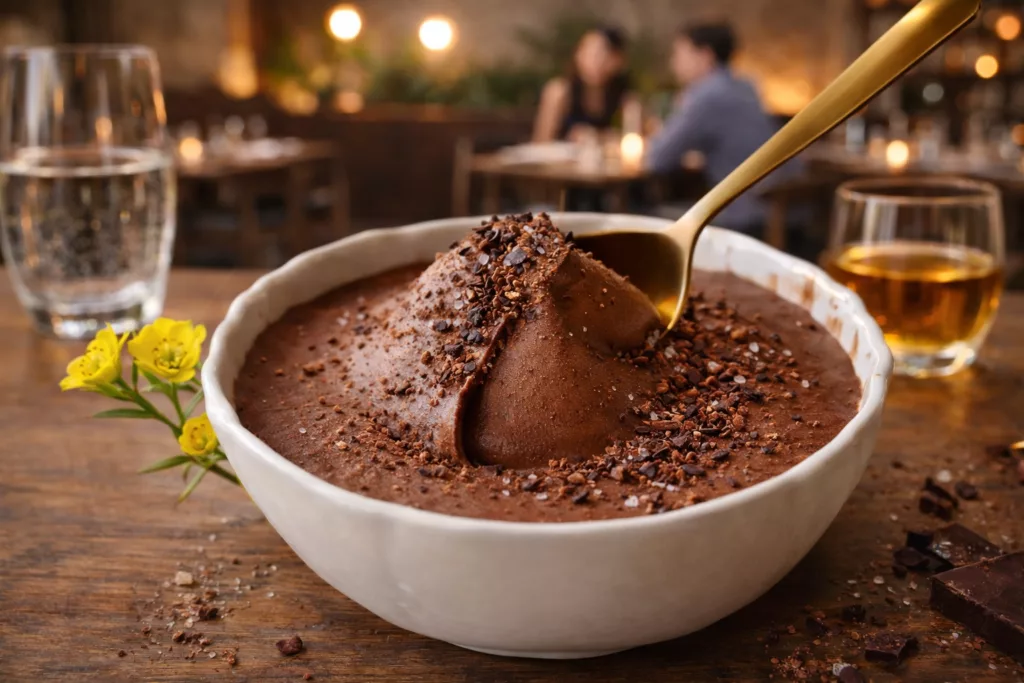 Mousse au chocolat noir grand cru, onctueuse et intense, présentée de façon raffinée.