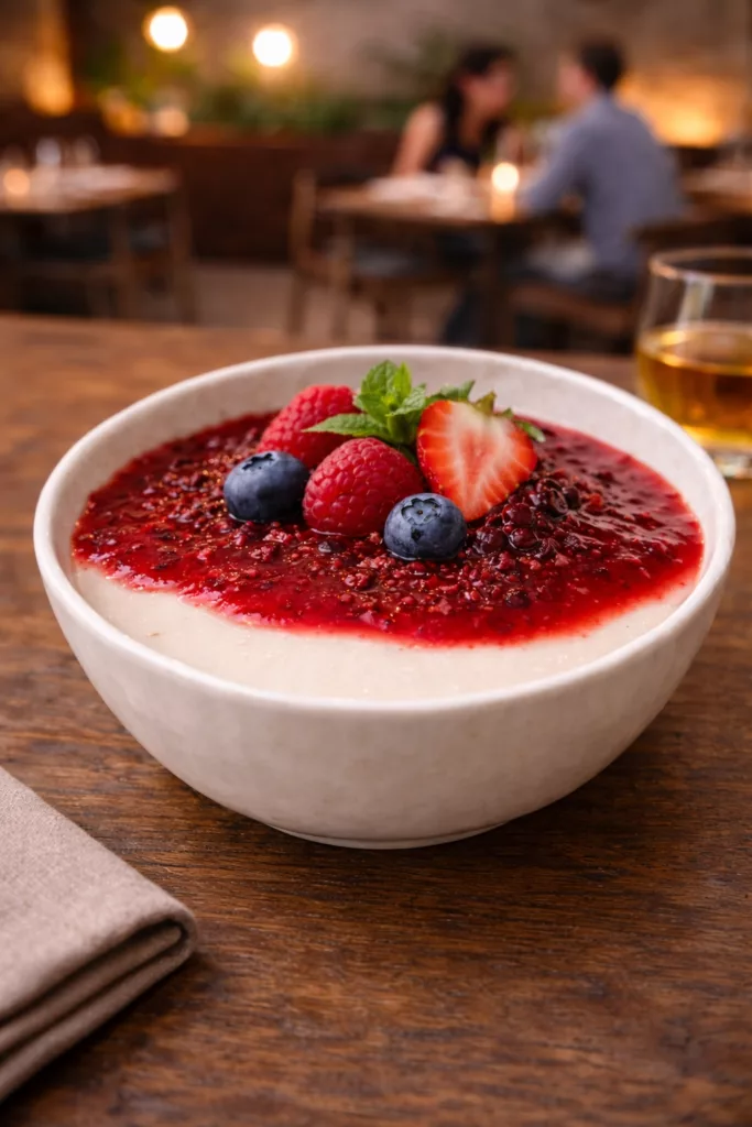 Panna cotta au lait d’amande, dessert crémeux présenté en bol