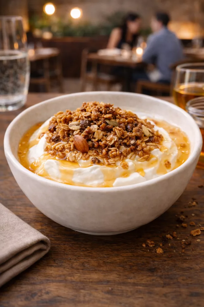 Fromage blanc fermier servi avec granola croustillant dans un bol
