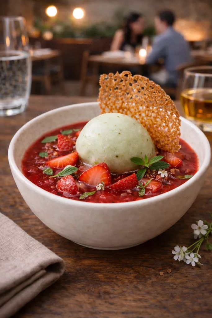 Soupe froide de fraises gariguettes servie dans un bol, recette fraîche et fruitée