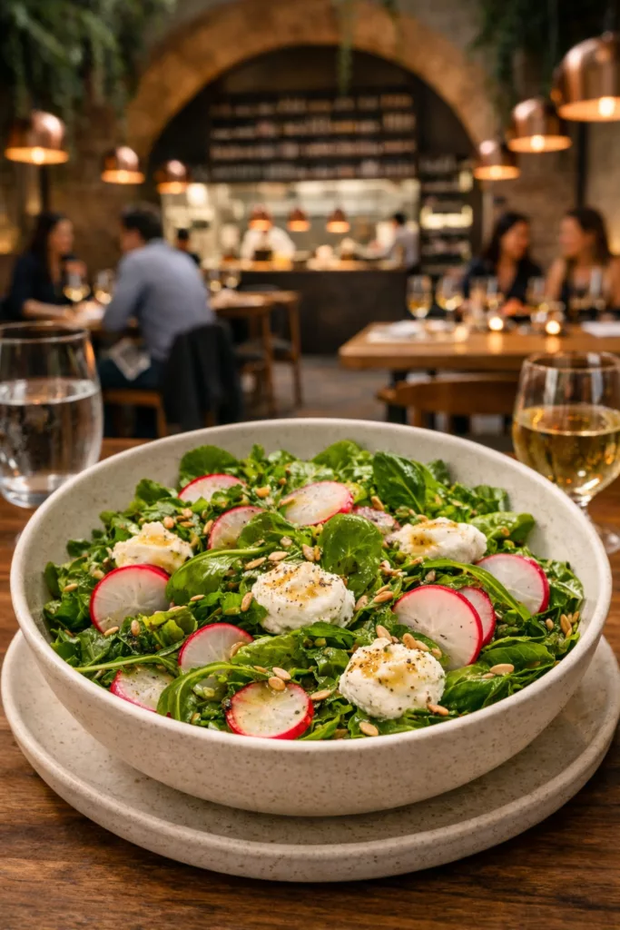 Salade de jeunes pousses accompagnée de radis croquants, présentée de façon légère et colorée.