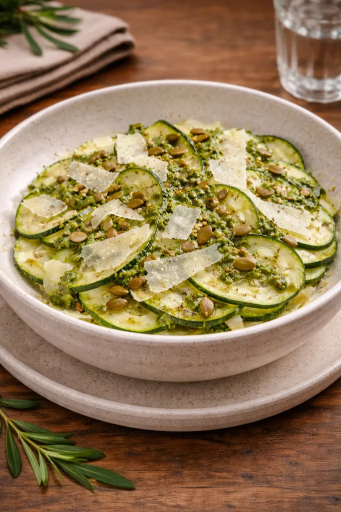 Carpaccio de courgettes et parmesan AOP, fines lamelles fraîches et gourmandes
