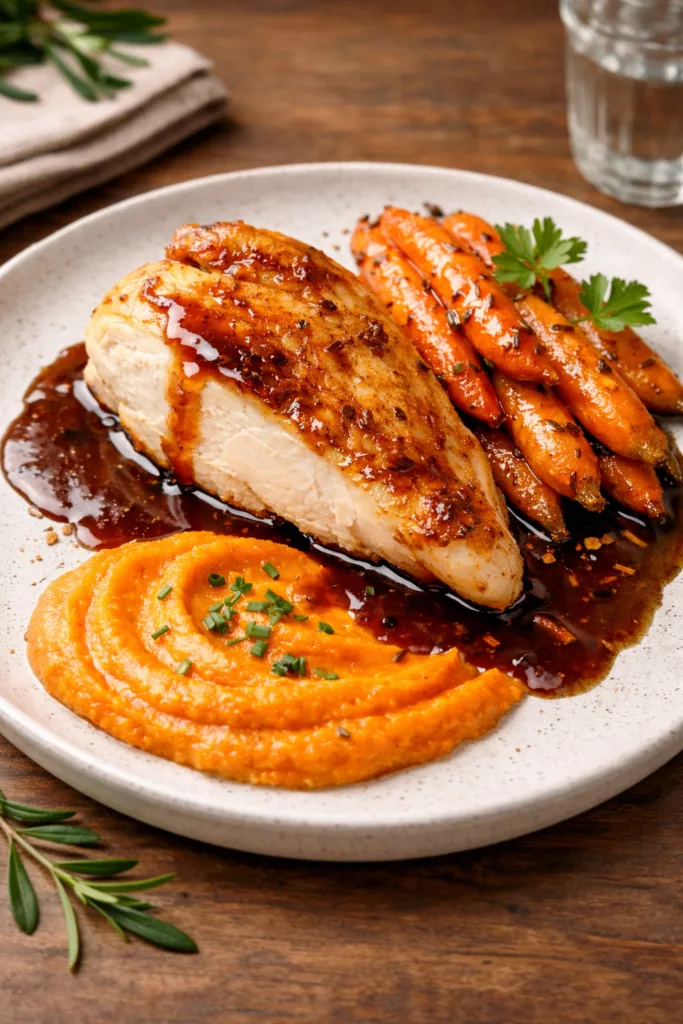 Suprême de volaille fermière au jus réduit, Carottes confites au cumin et purée de patates douces servi avec une présentation raffinée