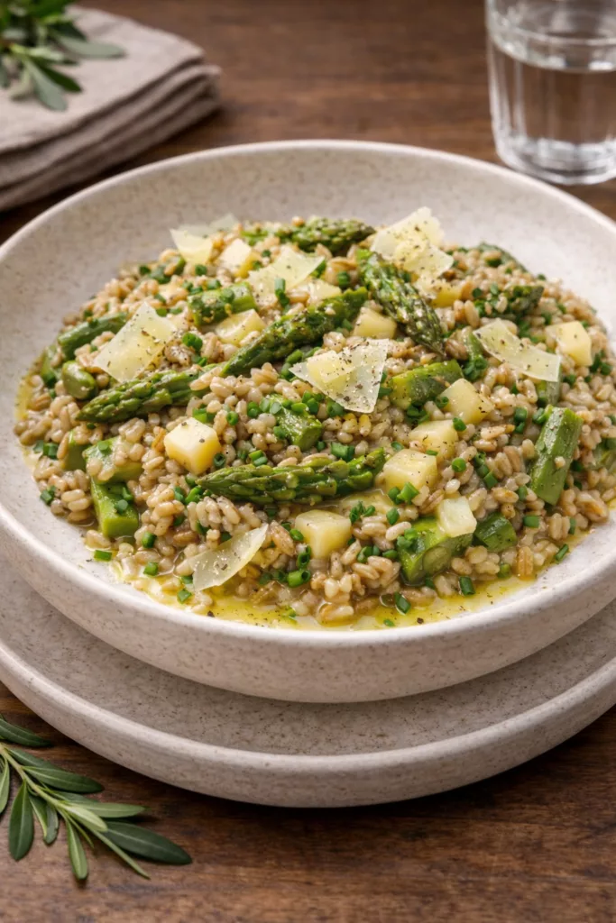 Risotto d'épeautre crémeux aux asperges vertes, relevé de copeaux de vieux comté