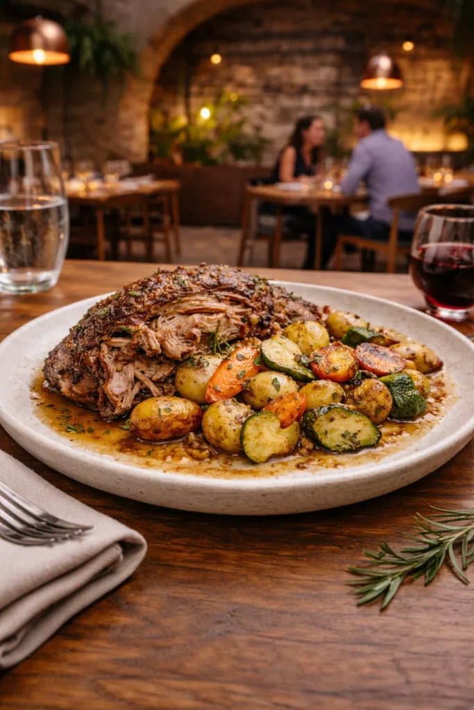 Épaule d’agneau confite 7h, viande fondante servie avec son jus